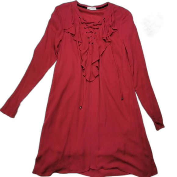 Coco + Jaimeson Ruffled Front Tie Long Sleeve Red Dress Size S - Picture 4 of 7